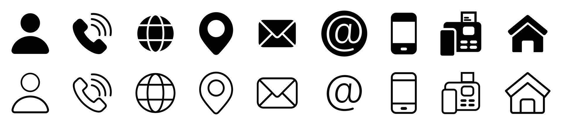 Geschäft Karte einstellen Symbol einstellen im Linie Stil. Kontakt Information, heim, Telefon, Standort, Adresse, Webseite, Post, Fax, Benutzer einfach schwarz Stil Symbol Zeichen zum Apps und Webseiten, Vektor Illustration. eps 1