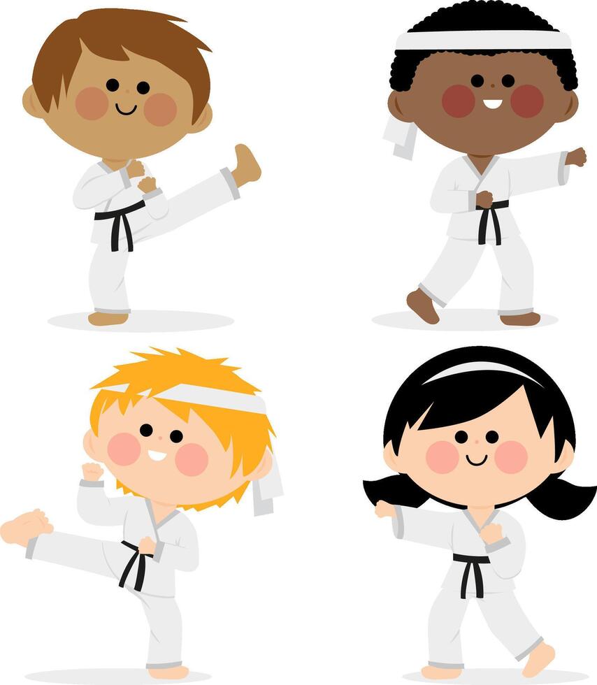 Gruppe von Kinder im kriegerisch Kunst Uniformen. Karate, Taekwondo, Judo, Ju-Jitsu, Kickboxen, oder Kung fu Anzüge. Vektor Illustration Satz.