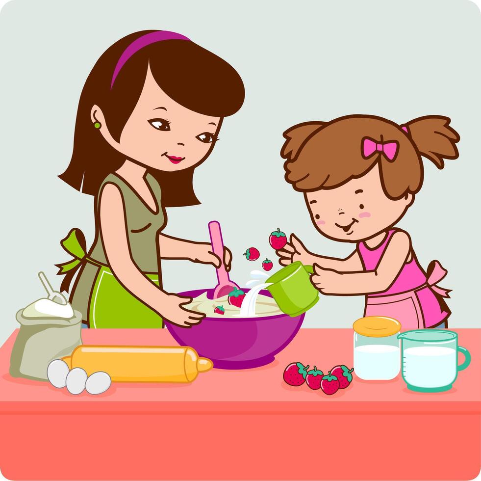 familj matlagning. en mamma och henne liten barn bakning en jordgubb kaka i de kök på Hem. vektor illustration
