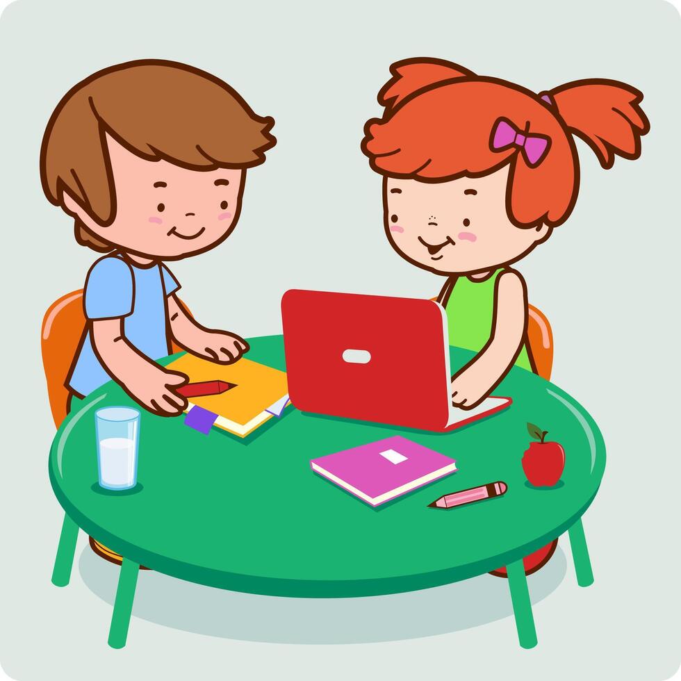 studenter på skola i de klassrum Sammanträde på deras skrivbord. en flicka och en pojke ung studenter studie använder sig av en dator. vektor illustration