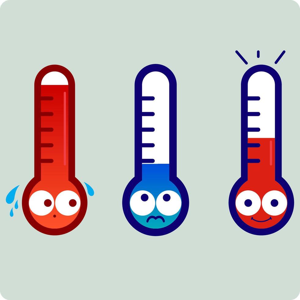 tecknad serie termometer tecken. söt temperatur ikoner. varm och kall väder. vektor illustration