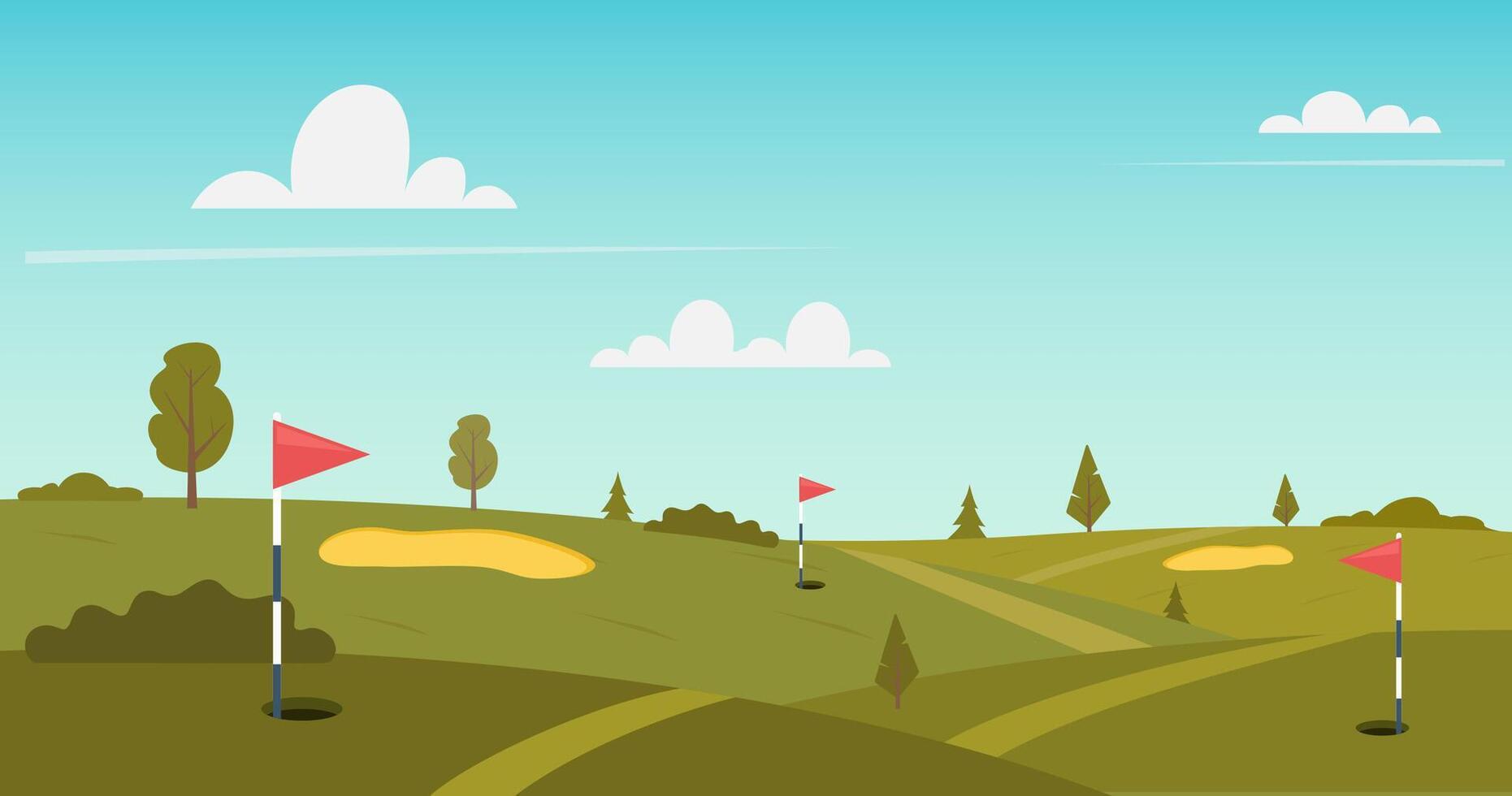Golf Kurs Natur Landschaft, Grün Gras, Pole Flagge, Loch zum Ball und Bäume unter Blau Himmel mit hell Sonne leuchtenden. Platz zum still Freizeit Sport, Karikatur Hintergrund, Vektor Illustration