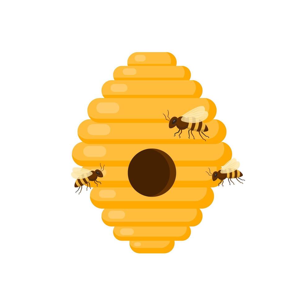 gul bi bikupa på en vit bakgrund. bi bikupa isolera. bi hus med en cirkulär ingång. insekt liv i natur. bin nära de bikupa. vektor illustration.