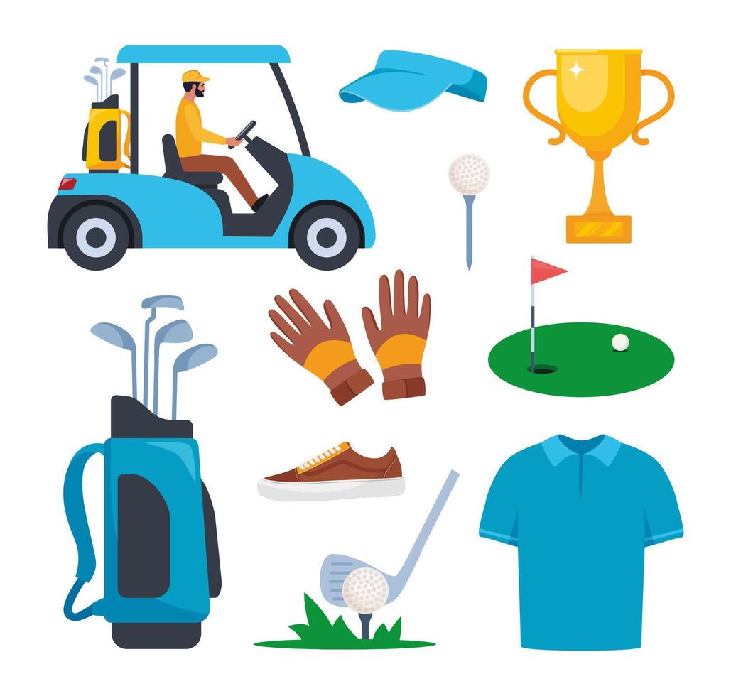 golf Utrustning uppsättning. professionell objekt till spela de sport, Kläder och Tillbehör. golf spelare, väska, putter, golfspelare, boll, hål, kurs, handskar, skjorta, kopp, bil. vektor illustration.