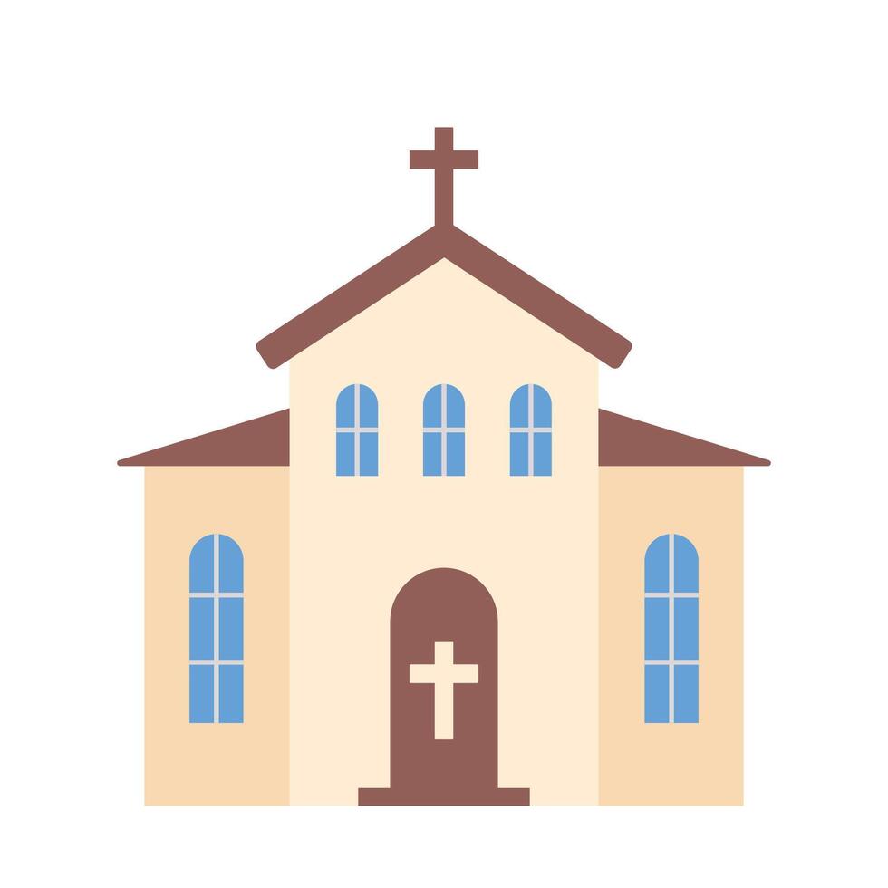 katholisch Kirche Gebäude eben Symbol. Kirche Fassade mit groß Fenster und ein Kreuz. Vektor Illustration.