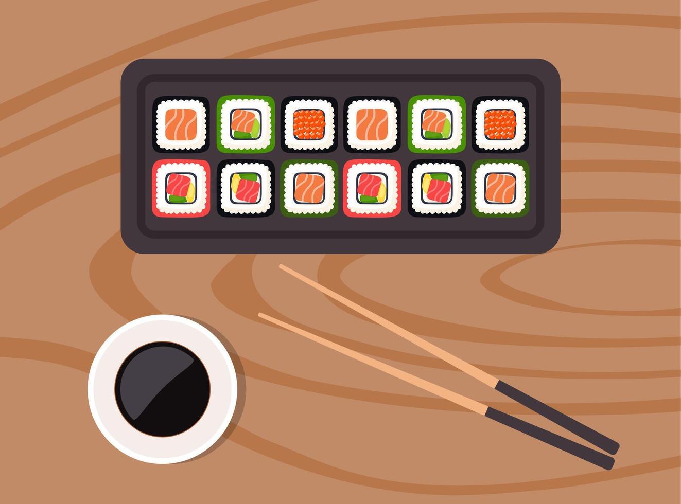 Sushi auf hölzern Tafel mit Sushi Essstäbchen und Soja Soße. Sushi Illustration mit Forelle Fisch, Lachs und Kaviar. Sushi Satz. Vektor Illustration.