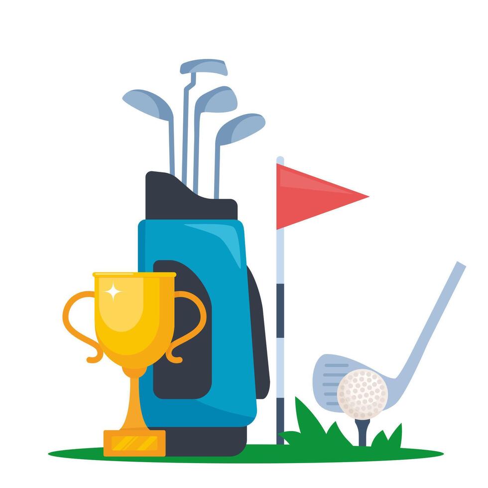 Golf Ausrüstung Komposition.. Fachmann Artikel zu abspielen das Sport, Kleidung und Zubehör. Golf Tasche, Ball, Loch, Kurs, Tasse, Verein. Vektor Illustration.