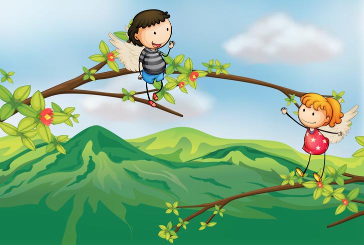 En tjej och en pojke vid en gren av ett träd vektor