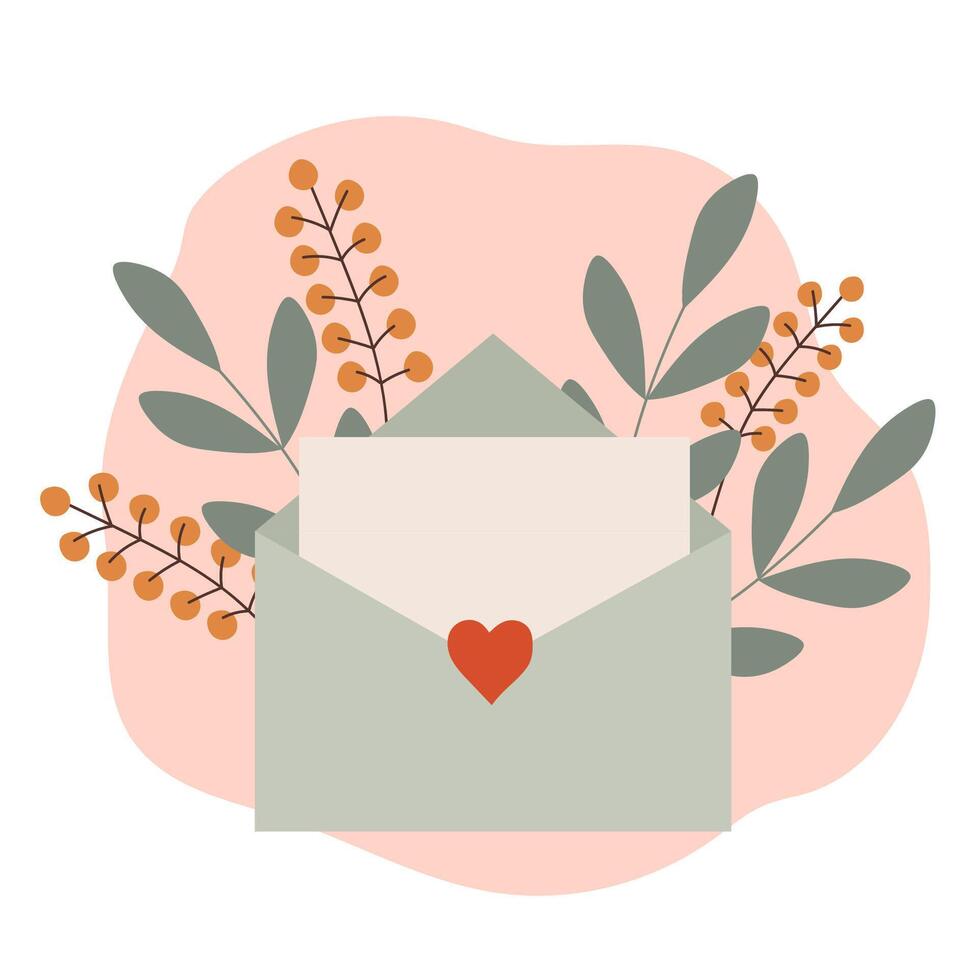 Brief mit ein Strauß von Blumen und Herz. eben Illustration. Valentinsgrüße Tag Karte Design. süß Postkarte zum Mutter. vektor