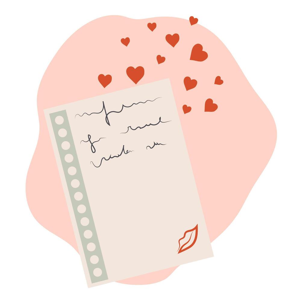 Blatt mit ein Hinweis und ein Kuss. Liebe Karte, Botschaft. Bekenntnis von Gefühle. Valentinstag Tag vektor