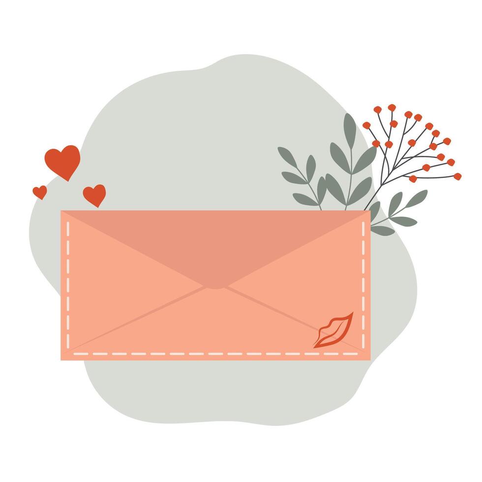 Brief mit Blumen, Kuss und Herz. eben Illustration. Valentinsgrüße Tag Karte Design. süß Postkarte zum Mutter. vektor