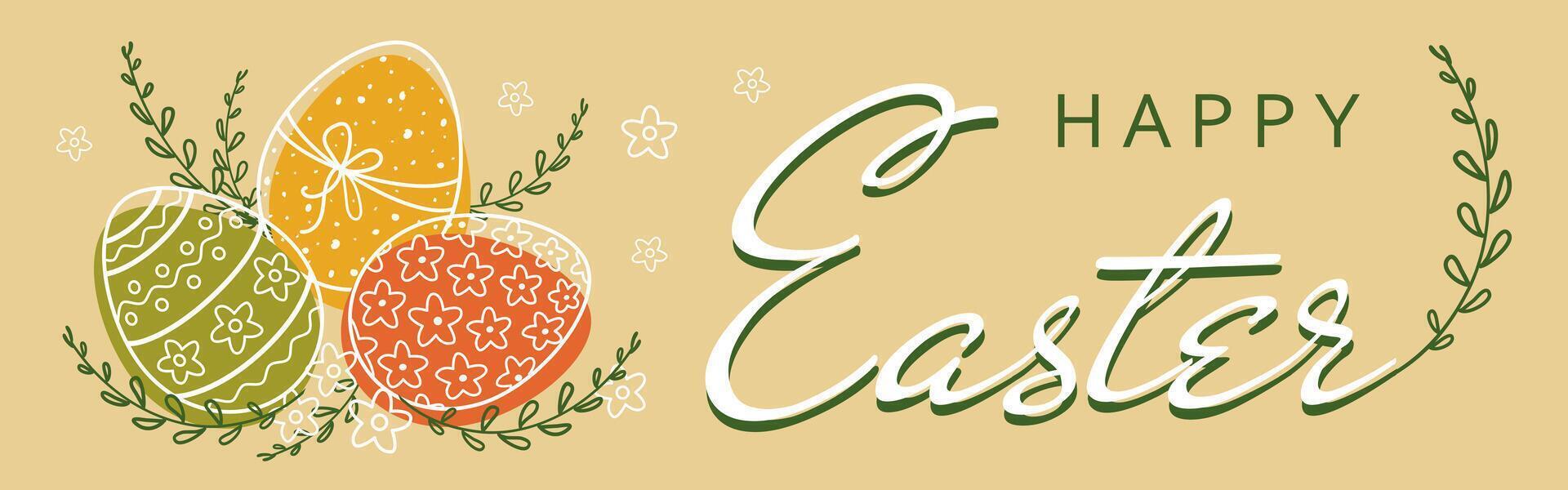 glücklich Ostern Banner mit Hand gezeichnet farbig Ostern Eier isoliert auf Gold Hintergrund. vektor