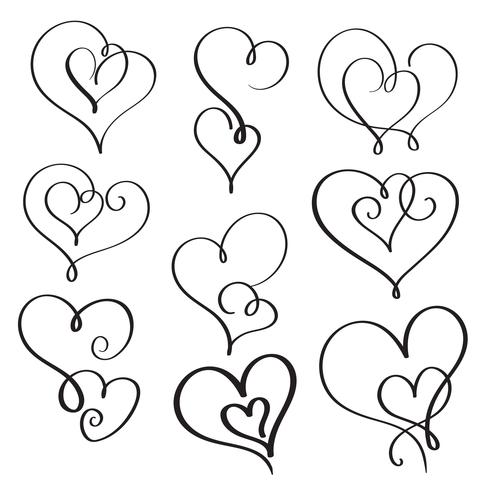 uppsättning blommor kalligrafi vintage hjärtan. Illustration vektor handritad EPS 10