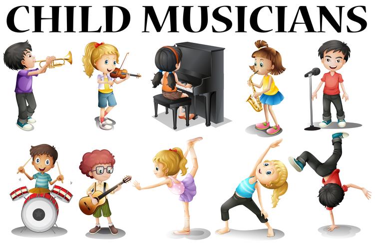 Kinder, die verschiedene Musikinstrumente spielen vektor