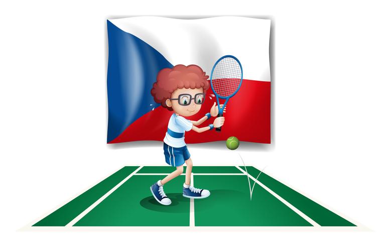En pojke som spelar tennis framför Tjeckiens flagga vektor