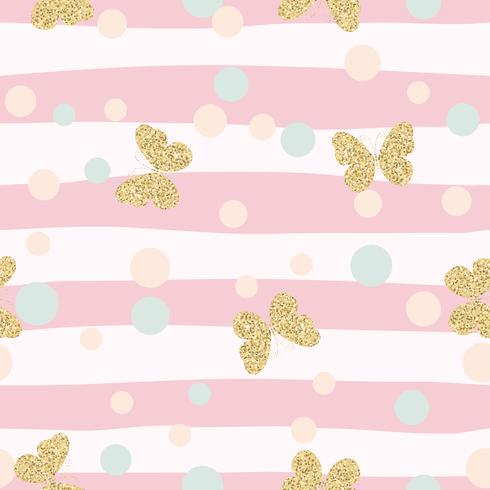 Nahtloses Muster des Goldfunkelnden Schmetterlingskonfettis auf rosa gestreiftem Hintergrund. vektor