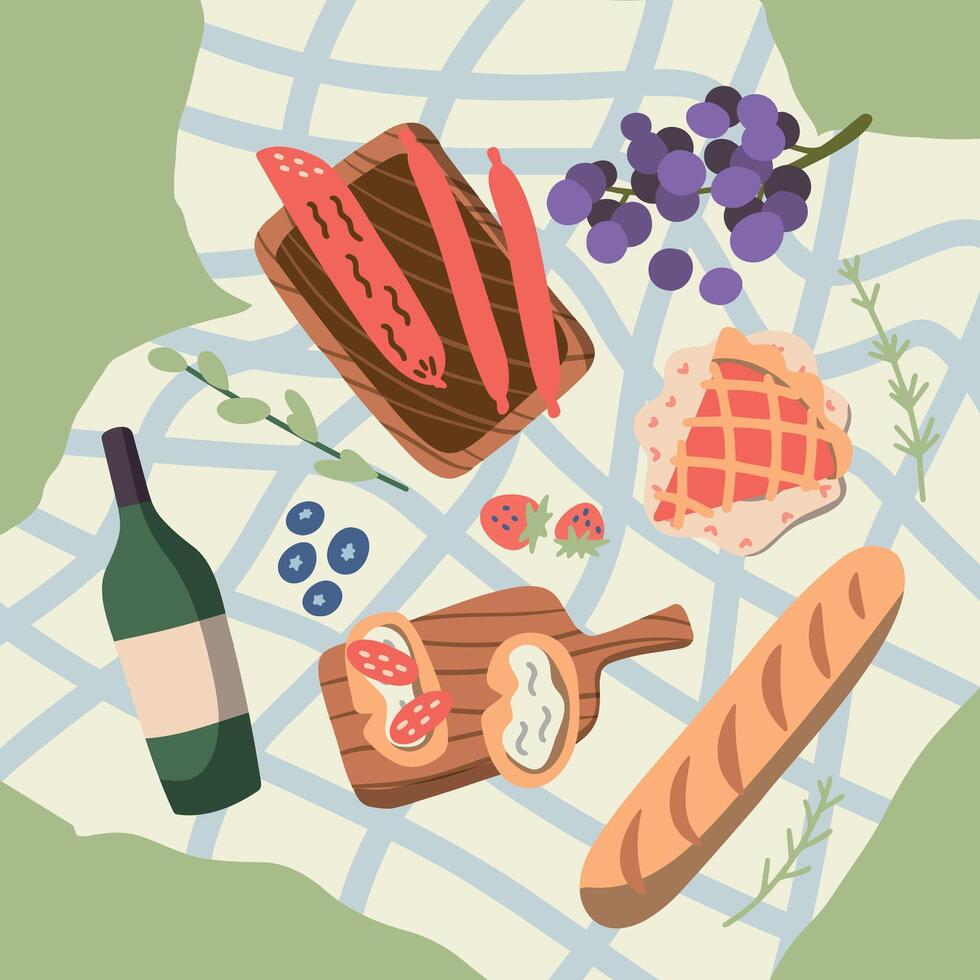 cool Grafik Vektor Picknick Konzept zum Sommer- Ferien mit Kuchen, heiß Hunde, Wein, frisch brot, Gemüse und Früchte gelegt aus auf kariert Stoff
