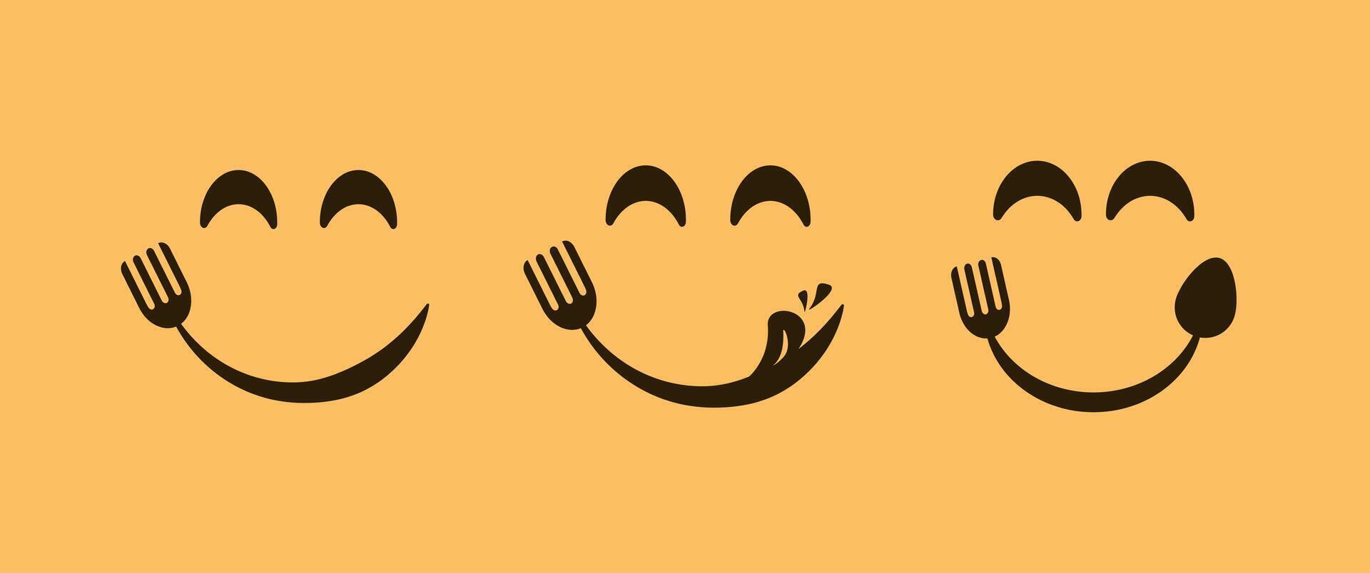 uppsättning av ansikte karaktär känslor Lycklig med mat utsökt begrepp vektor