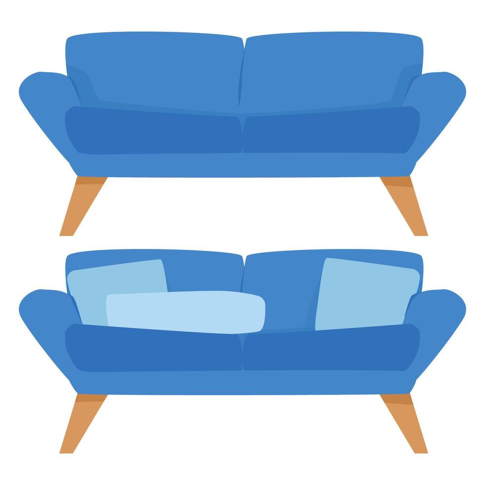 einstellen von modisch modern Blau Sofas mit Kissen vektor