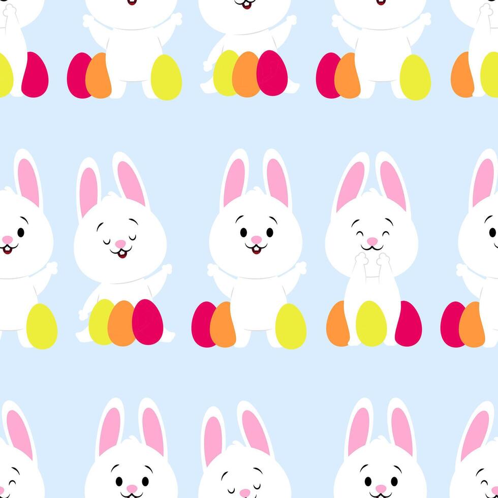 sömlös mönster av söt påsk vit kaniner med färgrik ägg vektor