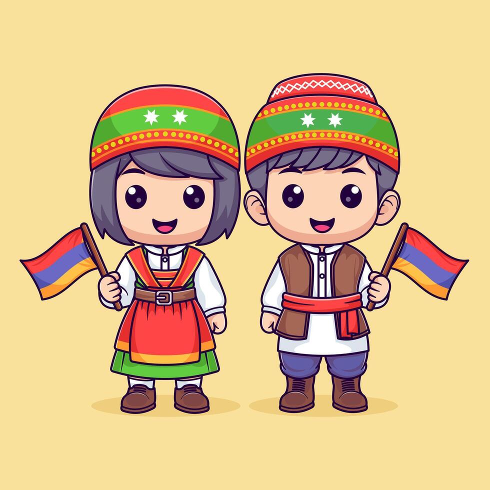 süß Armenisch Junge und Mädchen im National Kleid und halten Armenisch Flagge Vektor Symbol Illustration