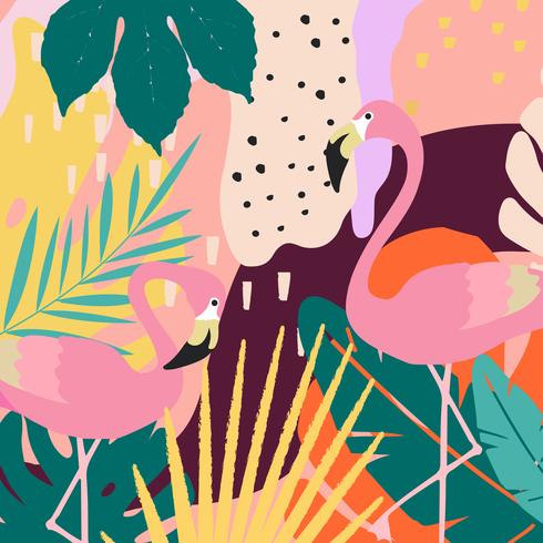 Tropischer Dschungel verlässt und blüht Plakathintergrund mit Flamingos vektor
