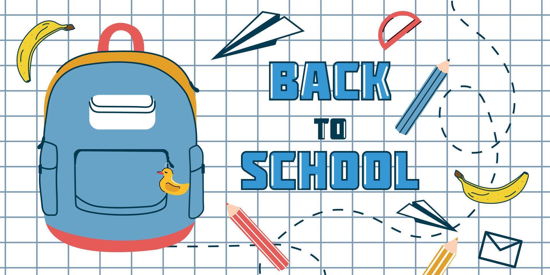 Rucksack Poster im eben Stil. zurück zu Schule Design Konzept. Vektor Illustration. isoliert. gezeichnet im Hand gezeichnet und Gekritzel Stil. Banner Vorlage zum Netz Zuhause Buchseite, Bildung und Ausbildung. kritzeln