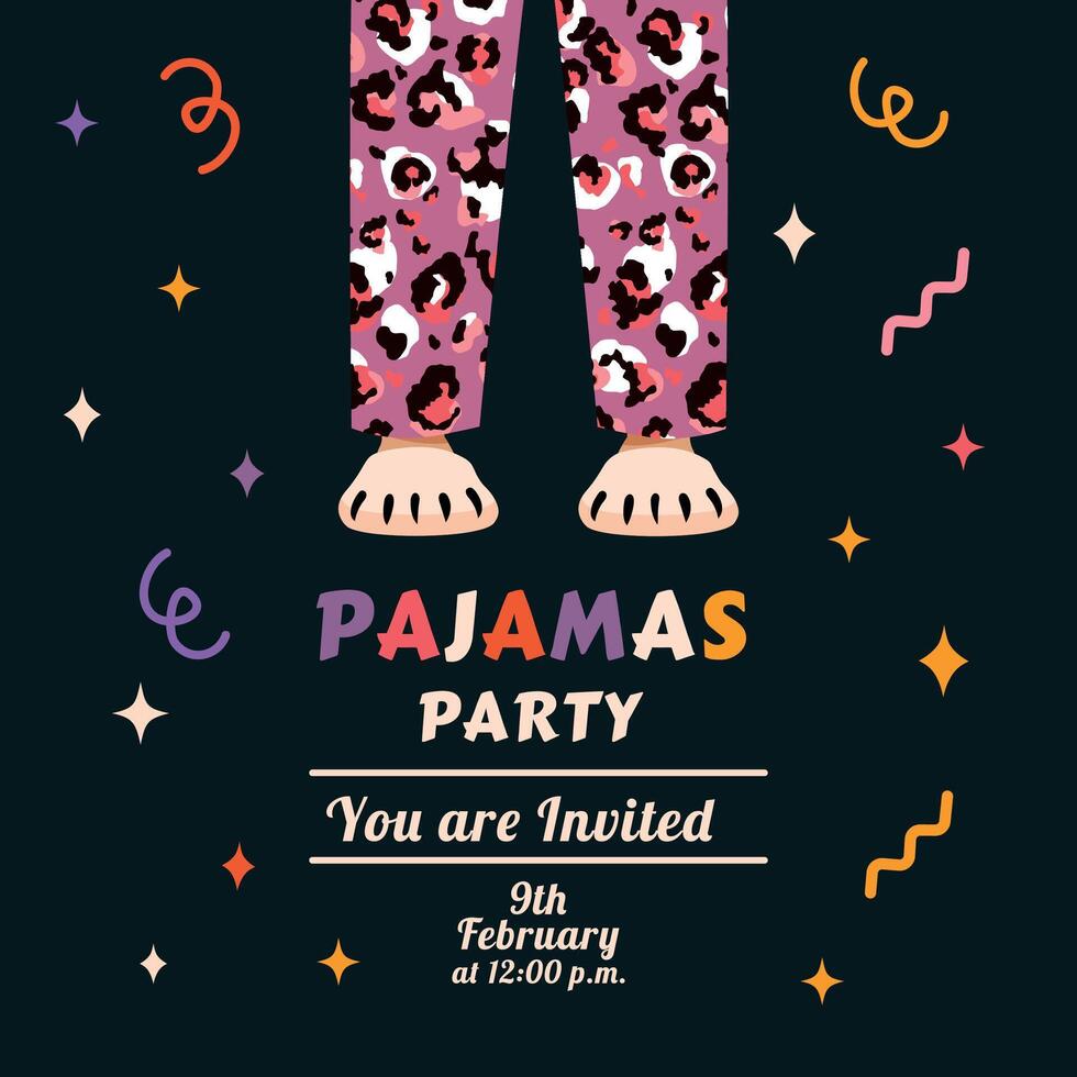 festlig inbjudan till en pyjamas fest i hand dragen och klotter stil. vektor illustration. över natten. hus tofflor och fötter. kort mall. slummer. nattkläder. händelse flygblad. födelsedag firande.