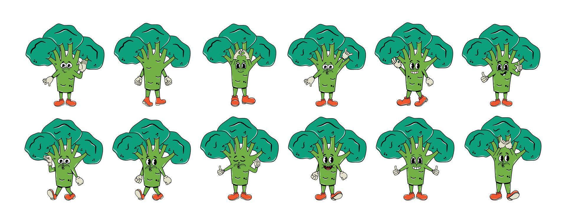 einstellen von Zeichen im groovig Stil. Gemüse, Brokkoli im ein Comic Hippie 70er Jahre Stil. Vektor Illustration. isoliert. Charakter y2k Element. Formen psychedelisch. Sammlung von Gesichter und Hände. Aufkleber