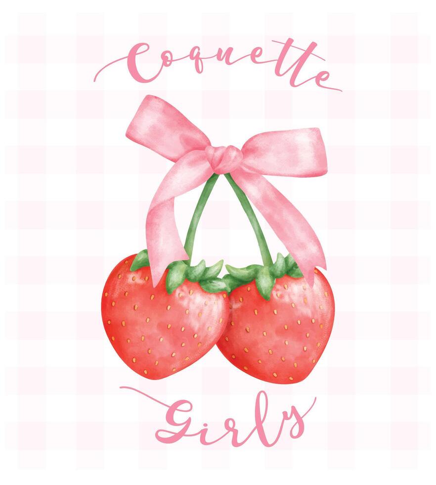 Kokette Erdbeeren mit Rosa Band Bogen, ästhetisch Aquarell Hand Zeichnung vektor