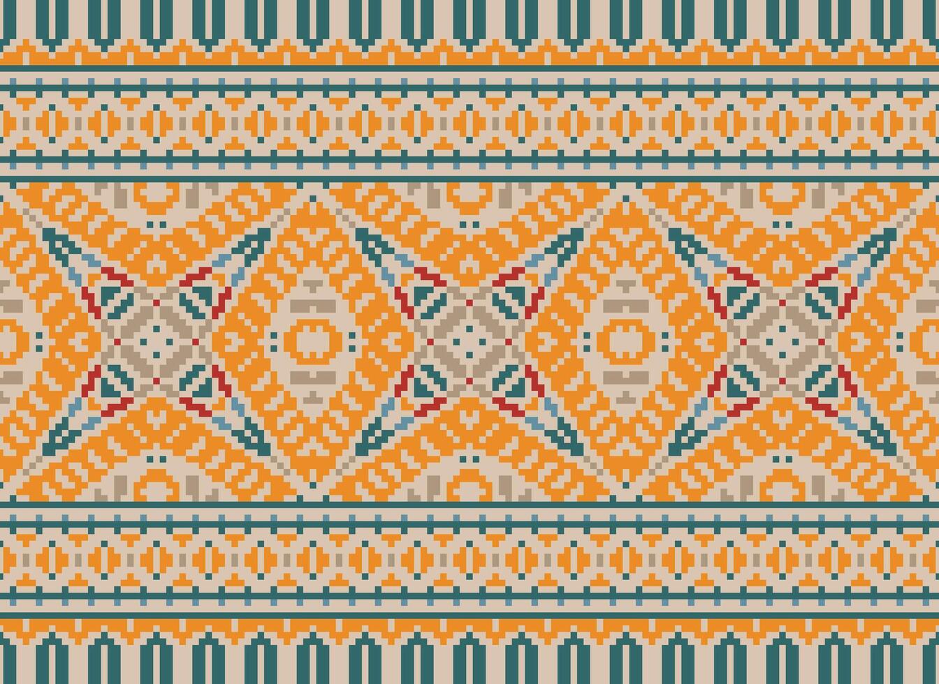 Pixel Jahrgänge Kreuz Stich traditionell ethnisch Muster Paisley Blume Ikat Hintergrund abstrakt aztekisch afrikanisch indonesisch indisch nahtlos Muster zum Stoff drucken Stoff Kleid Teppich Vorhänge und Sarong vektor