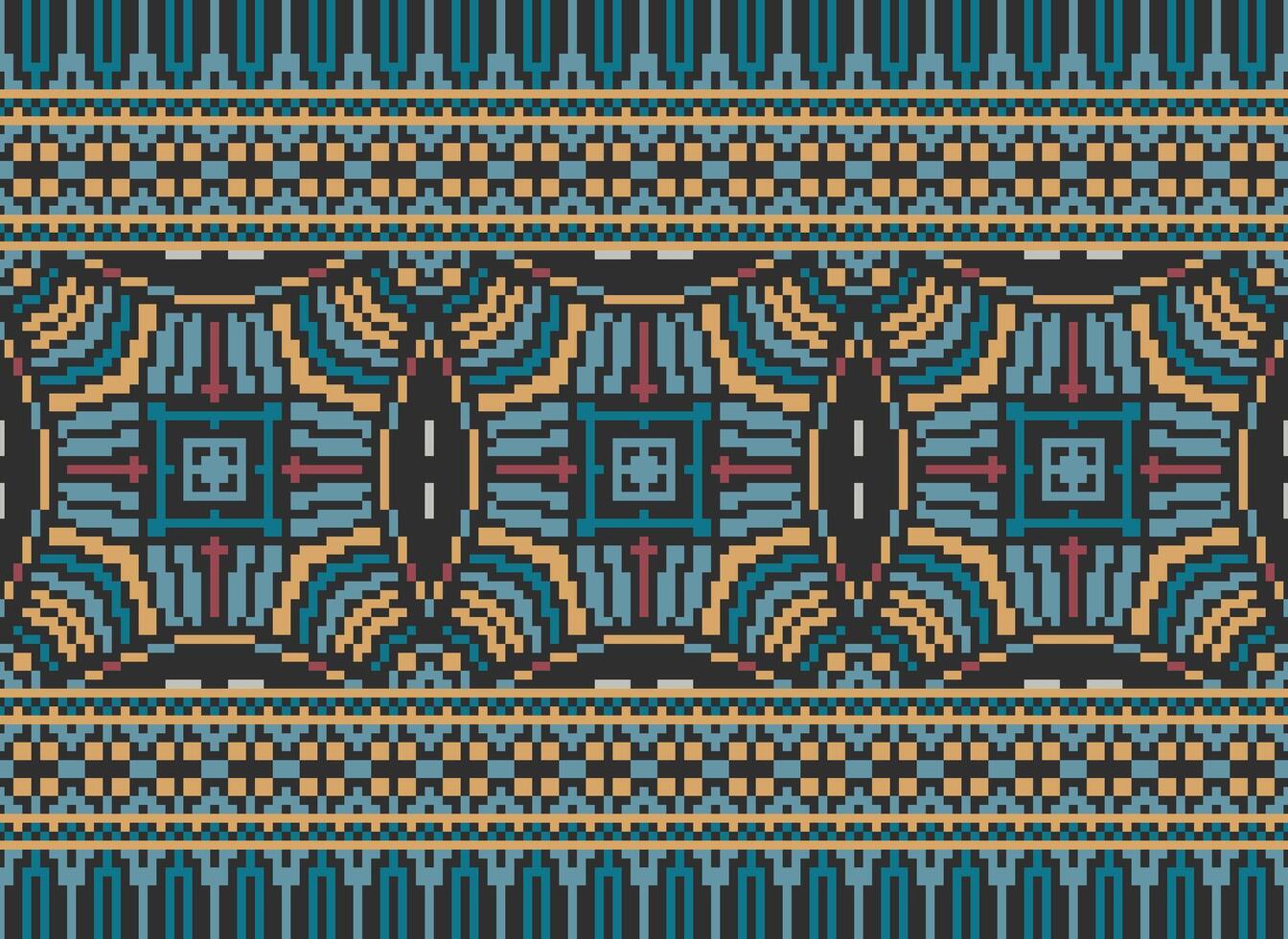 Pixel Kreuz Stich traditionell ethnisch Muster Paisley Blume Ikat Hintergrund abstrakt aztekisch afrikanisch indonesisch indisch nahtlos Muster zum Stoff drucken Stoff Kleid Teppich Vorhänge und Sarong vektor