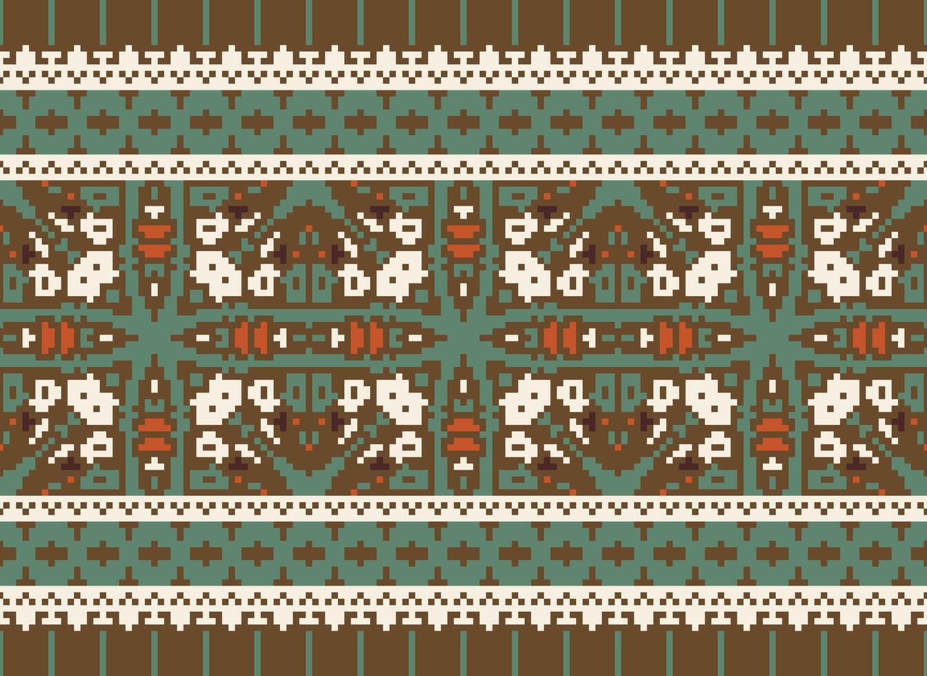 Pixel Kreuz Stich traditionell ethnisch Muster Paisley Blume Ikat Hintergrund abstrakt aztekisch afrikanisch indonesisch indisch nahtlos Muster zum Stoff drucken Stoff Kleid Teppich Vorhänge und Sarong vektor