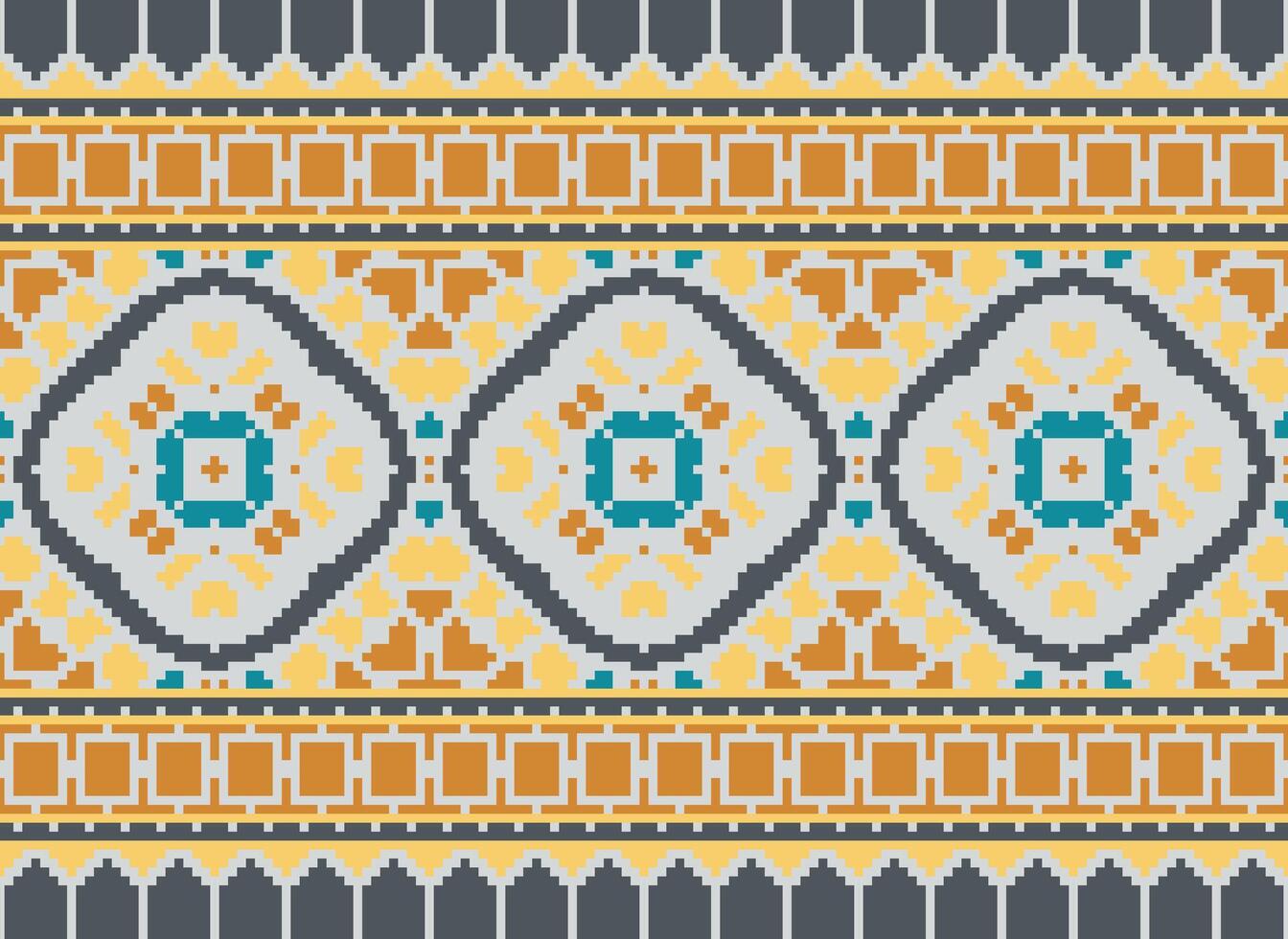 Pixel Kreuz Stich traditionell ethnisch Muster Paisley Blume Ikat Hintergrund abstrakt aztekisch afrikanisch indonesisch indisch nahtlos Muster zum Stoff drucken Stoff Kleid Teppich Vorhänge und Sarong vektor