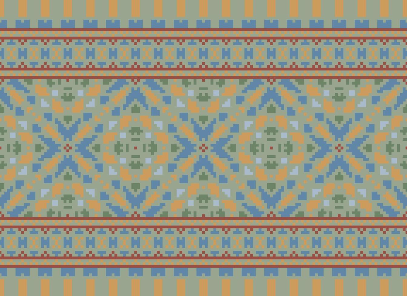 Pixel Jahrgänge Kreuz Stich traditionell ethnisch Muster Paisley Blume Ikat Hintergrund abstrakt aztekisch afrikanisch indonesisch indisch nahtlos Muster zum Stoff drucken Stoff Kleid Teppich Vorhänge und Sarong vektor