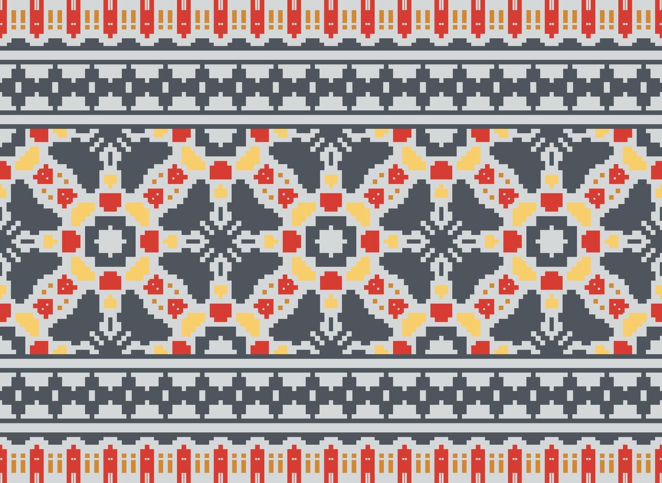 Pixel Ikat und Kreuz Stich geometrisch nahtlos Muster ethnisch orientalisch traditionell. aztekisch Stil Illustration Design zum Teppich, Hintergrund, Kleidung, Verpackung, Batik. vektor