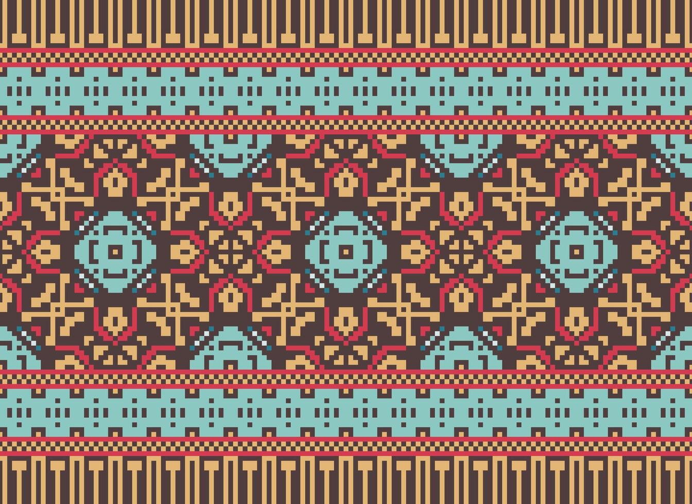 Pixel Ikat und Kreuz Stich geometrisch nahtlos Muster ethnisch orientalisch traditionell. aztekisch Stil Illustration Design zum Teppich, Hintergrund, Kleidung, Verpackung, Batik. vektor