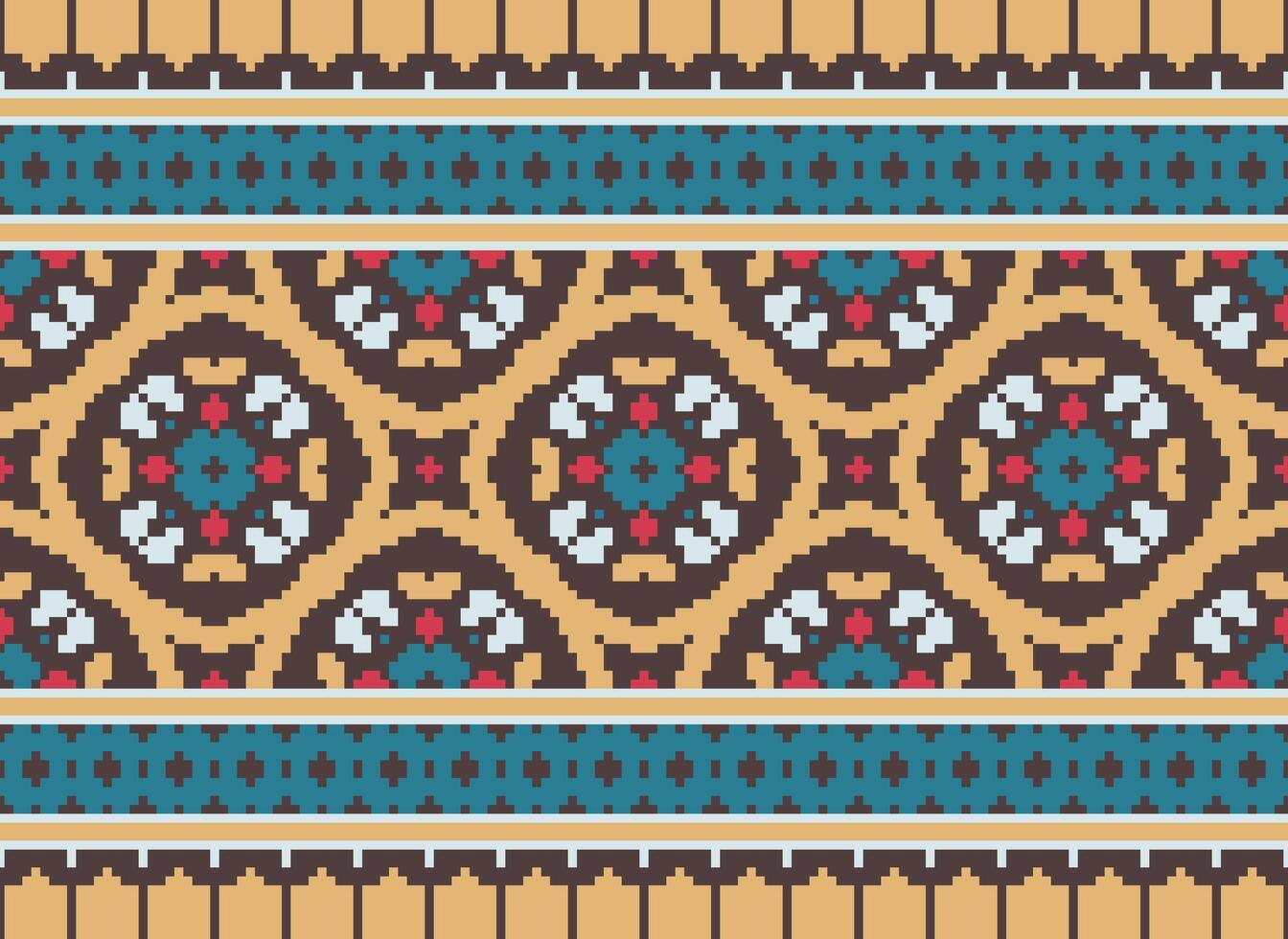 Pixel Ikat und Kreuz Stich geometrisch nahtlos Muster ethnisch orientalisch traditionell. aztekisch Stil Illustration Design zum Teppich, Hintergrund, Kleidung, Verpackung, Batik. vektor