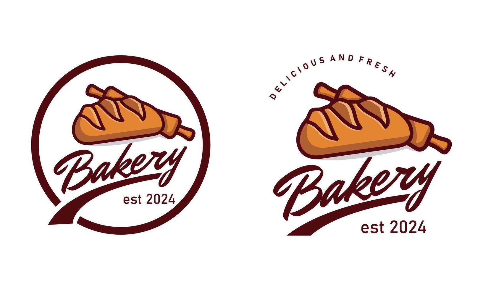 Bäckerei Jahrgang Abzeichen Logo, Holz rollen Stift, Bäckerei handgeschrieben Logo, frisch Brot und Bäckerei Logo Design Vorlage vektor