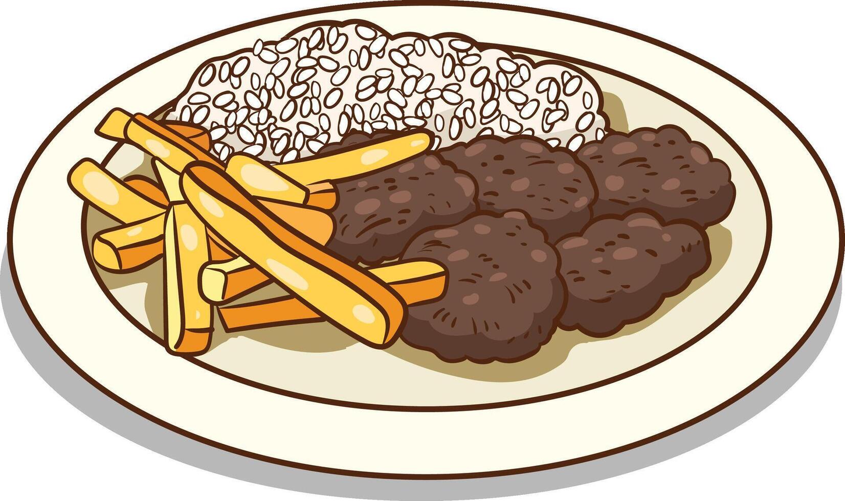 vektor illustration av en tallrik av ris med franska frites och köttbullar