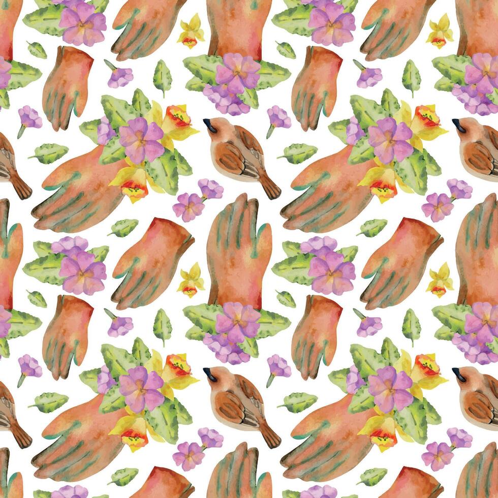 hand dragen vattenfärg illustration vår trädgårdsarbete, läder skyddande handske med löv och blommor, Sparv fågel. sömlös mönster isolerat på vit bakgrund. skriva ut, affär, scrapbooking, förpackning vektor