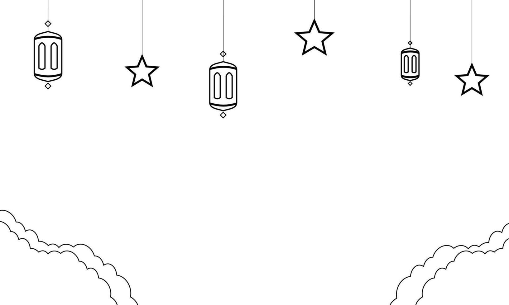 ein schwarz und Weiß Zeichnung von ein Star und Mond hängend von das Himmel. Gruß Vorlage Illustration zu feiern islamisch Ferien vektor