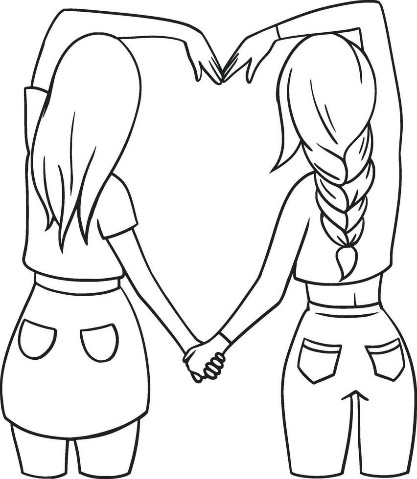 zwei Mädchen halten Hände und Herstellung ein Herz gestalten mit ihr Hände vektor