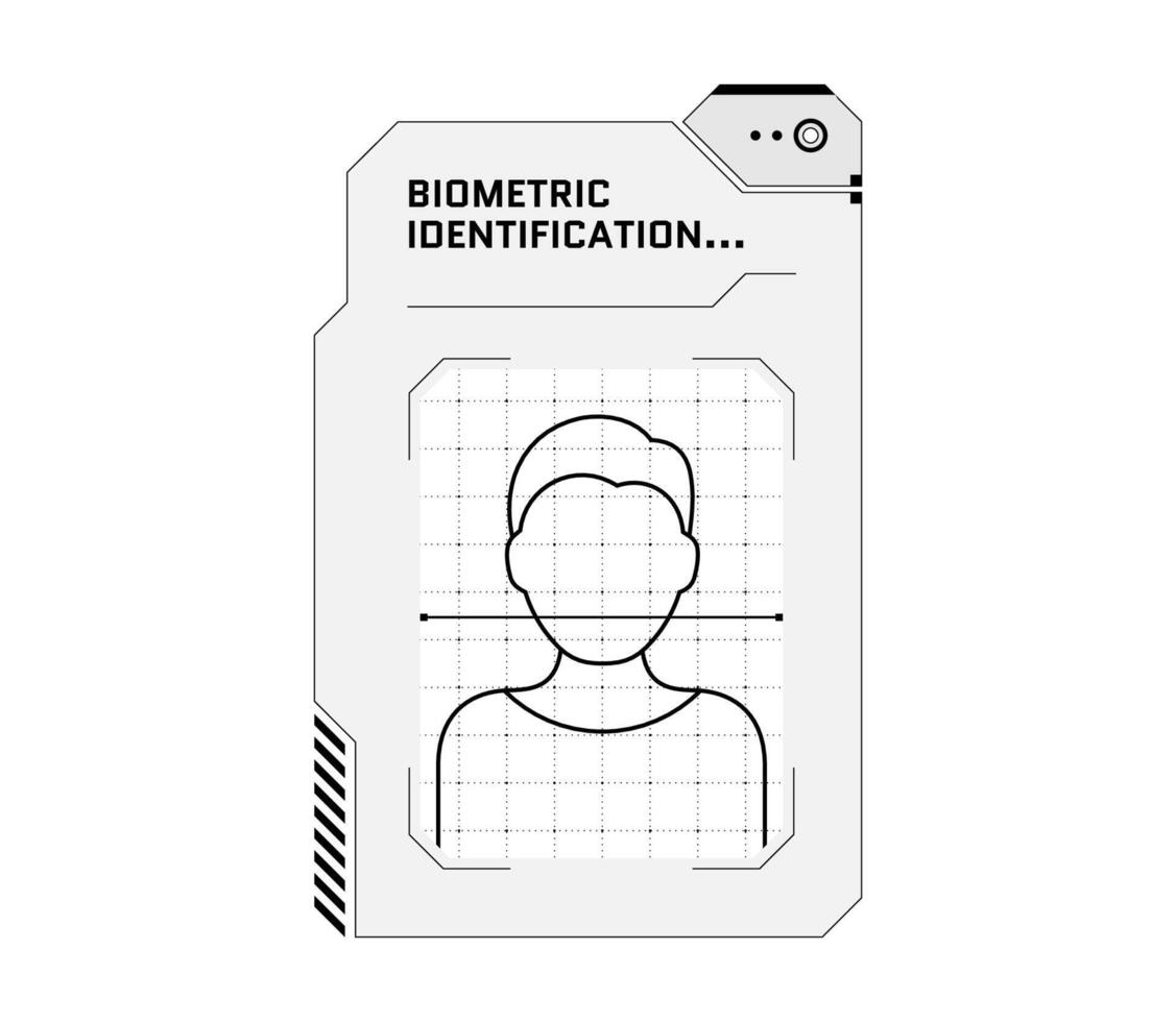 hud Person biometrisch Scan und Identifizierung System Konzept. Benutzer Anerkennung Nachprüfung Scanner und Mensch Identität Digital Sicherheit Tafel. Ich würde Genehmigung Instrumententafel Schnittstelle Vektor eps Design