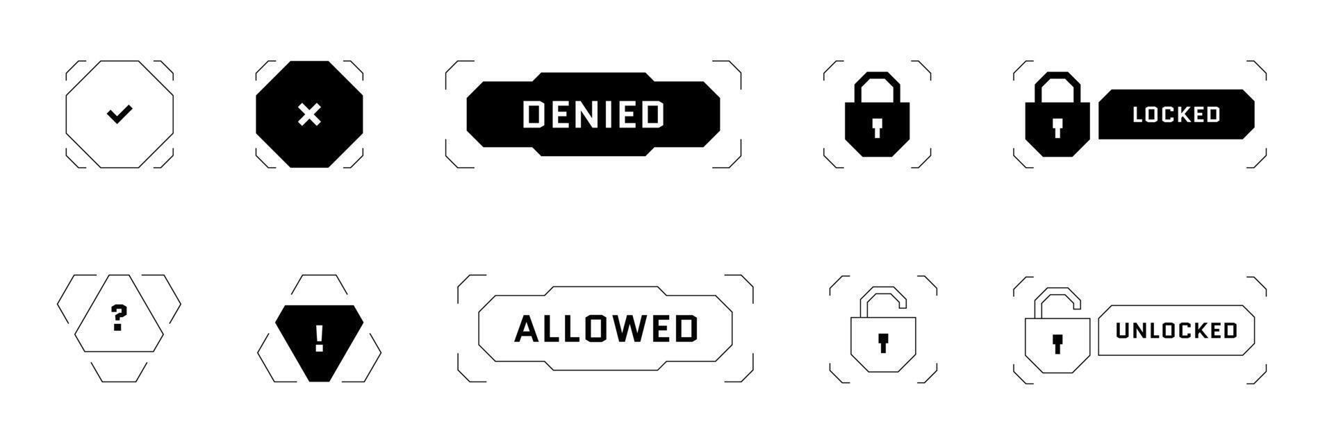 hud digital trogen användare gränssnitt tillgång tillåten och nekas tecken. fråga och utrop mark knapp. konto verifiering inträde skydda symbol. TV-spel säkerhet infographic design eps element vektor