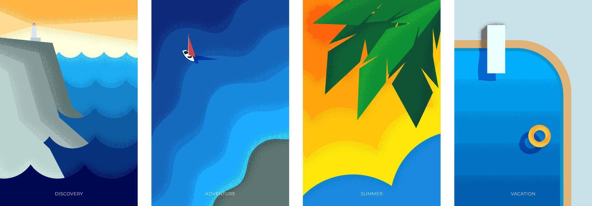 abstrakt retro minimal Sommer- Reise Poster Satz. Leuchtturm auf Felsen auf Strand Jahrgang drucken. Yacht auf Ozean und Strand mit Schwimmen Schwimmbad auf Ferien modisch minimalistisch eps Plakat. Sommer Reise vektor