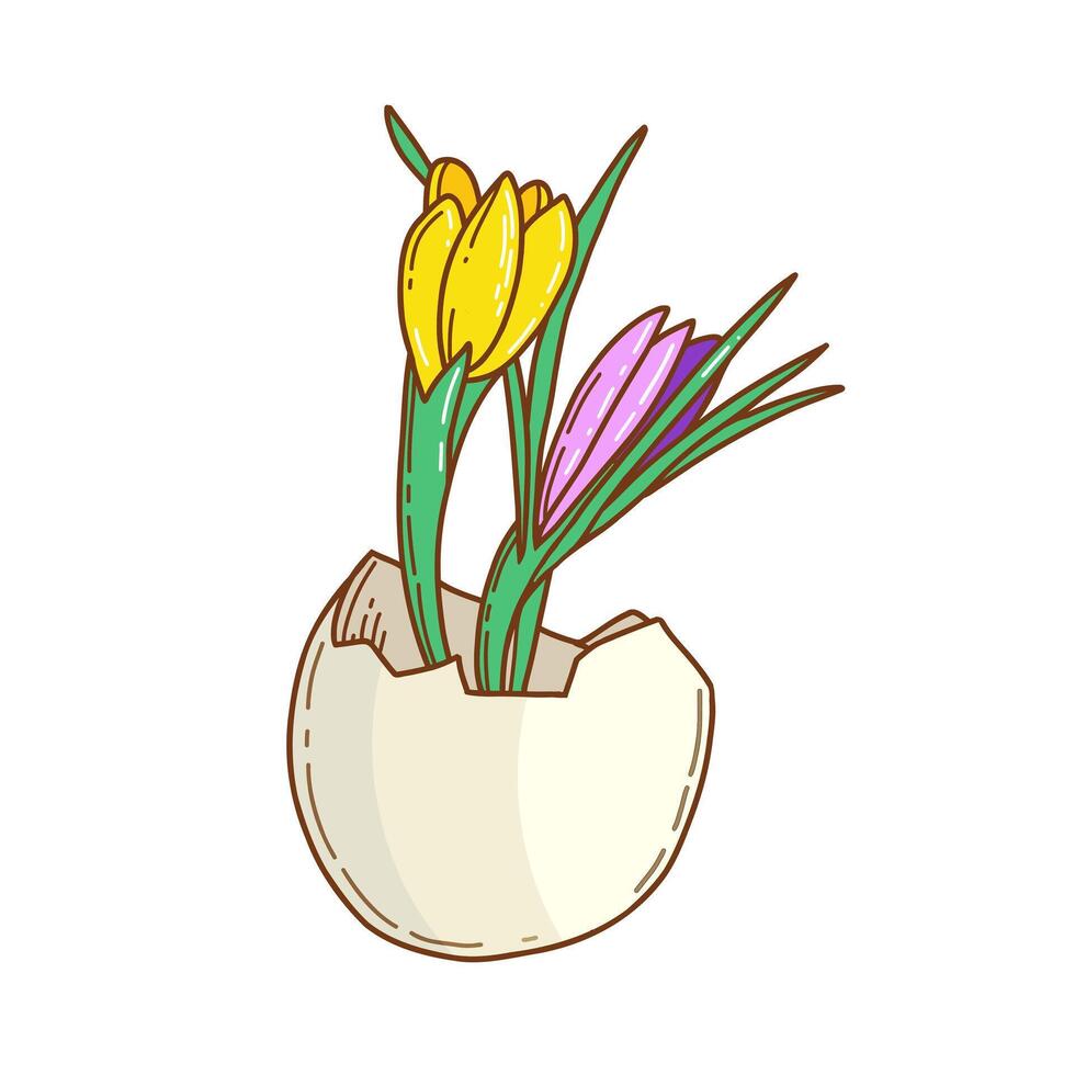 påsk ägg med krokus blommor, hand dragen klotter vektor. trendig påsk design. vektor