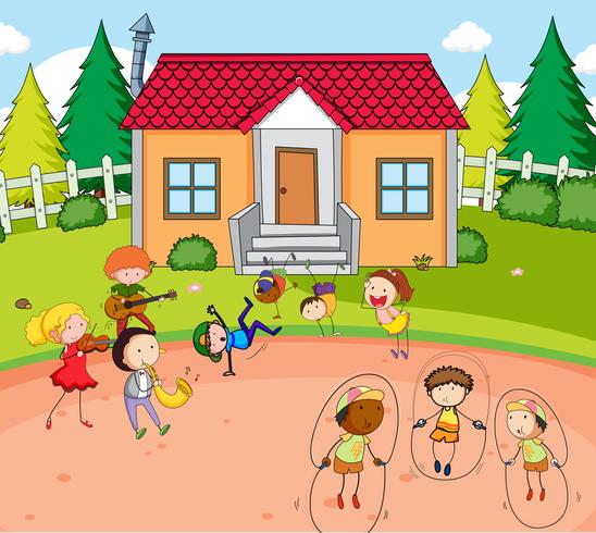 Kinder spielen vor dem Haus vektor