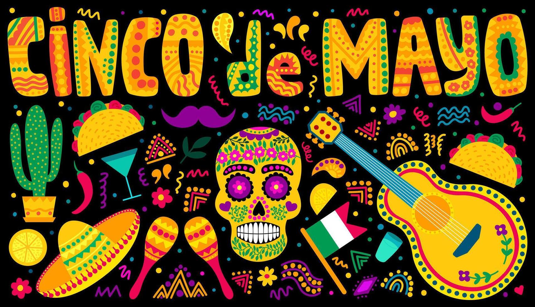 Vektor cinco de Mayo Feier im Mexiko Satz. Vektor Symbole einstellen Design Elemente im eben Stil