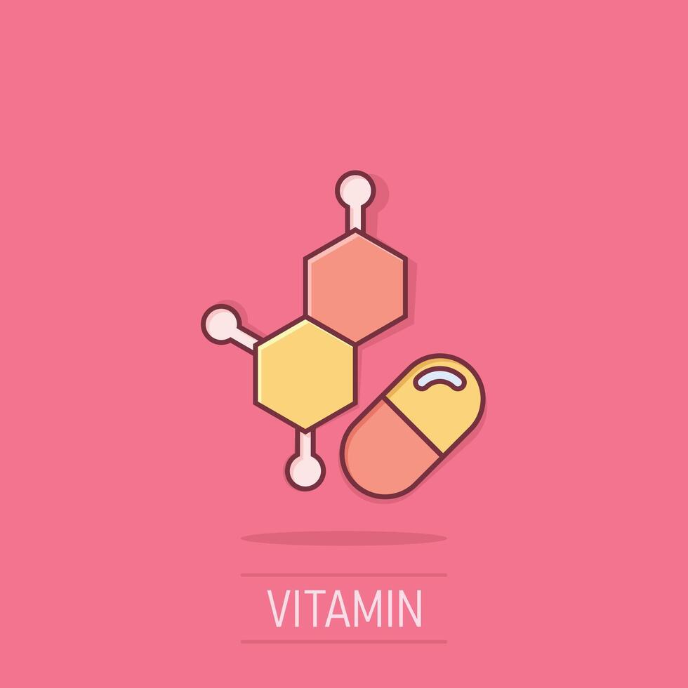 Vitamin Pille Hinweis Symbol im Comic Stil. Kapsel Karikatur Vektor Illustration auf isoliert Hintergrund. Antibiotikum Spritzen bewirken Zeichen Geschäft Konzept.